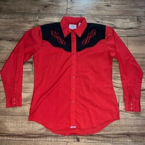 Red Western-Style Button-Down Shirt with Black Yoke